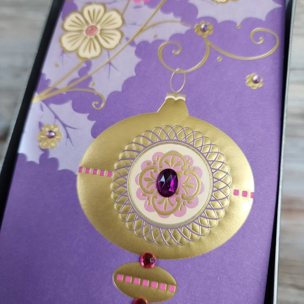 American Greetings Christmas Cards Purple Gold Ornament Gemstones 16 Count Boxed